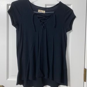 navy hollister knit lace up short sleeve top